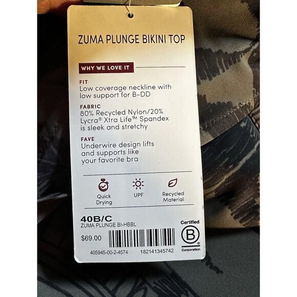 Athleta |‎ Herb Olive & Black Zuma Plunge Bikini Top -  Size 40B/C - Picture 2 of 3